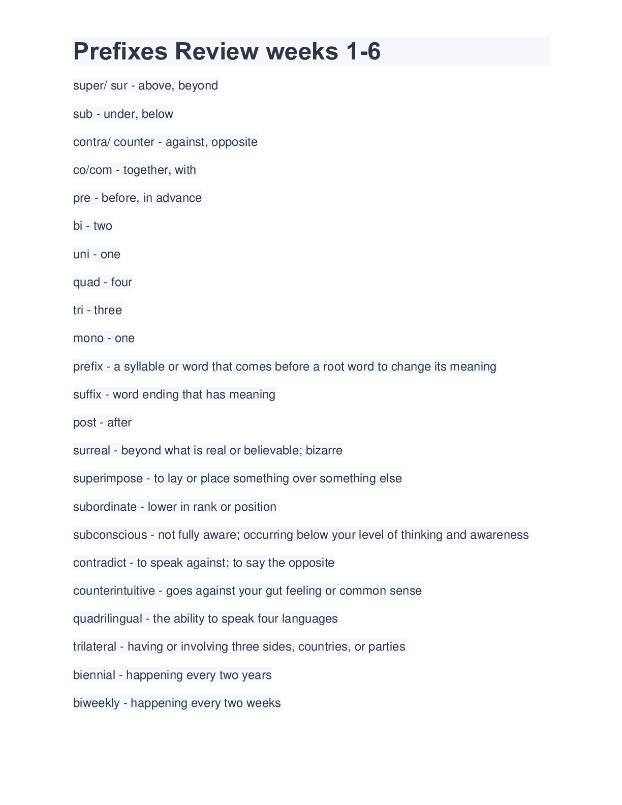 Preview image of Prefixes Review weeks 1-6 document